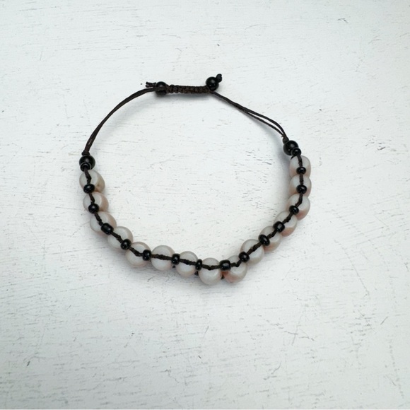Barrel Shaped Bone Beads Bracelet with Black Rope & Tiny Black Beads Adjustable - Picture 3 of 9
